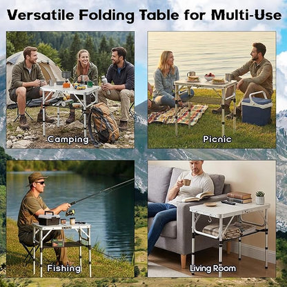 YihuiKo Folding Camping Table, Aluminum 24" x 16" Adjustable Height Max 27.5" with Carrying Handle, Lightweight, Portable Camping Table for Outdoor Indoor Picnic Beach, Silver