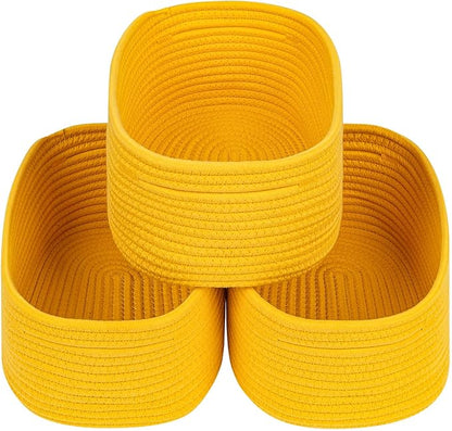CubesLand Rope Woven Storage Baskets, Small Baby Nursery Organizer Basket, Rectangular Organization/Storage Bins, Closet Shelves Baskets，Empty Gift Basket 3 Packs, Yellow