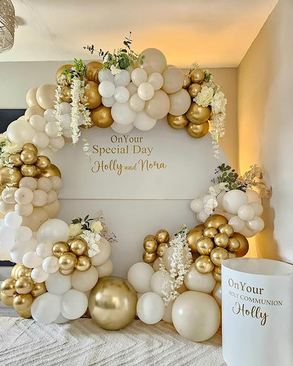 First Communion Balloon Garland Kit 153Pcs, Baptism Balloon, White Sand Gold Nude Bautizo Balloons Arch Kit for First Holy Communion Baptism God Bless Christening Party Birthday Supplies