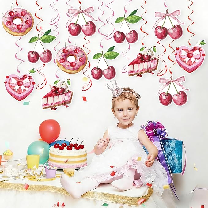 Cherry Hanging Swirls - 30 Pcs Cherry Party Decorations Cherry Bow Donut Ceiling Hanging Streamers for Girls Birthday Baby Shower Party Supplies