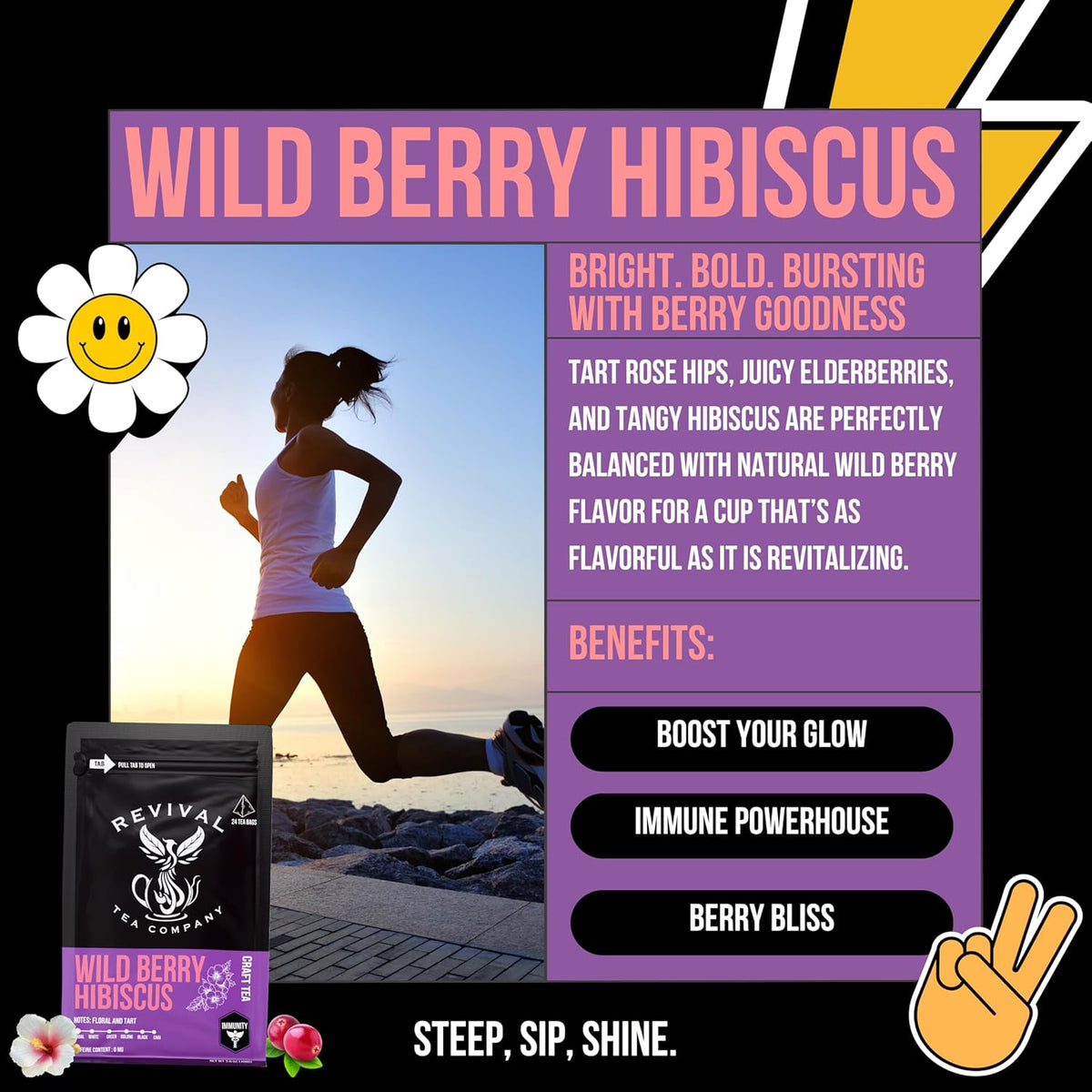 Revival Tea Company Wild Berry Hibiscus Tea - Herbal Tea Blend with Elderberry and Natural Wild Berry Flavor - Caffeine Free - 24 Tea Bags
