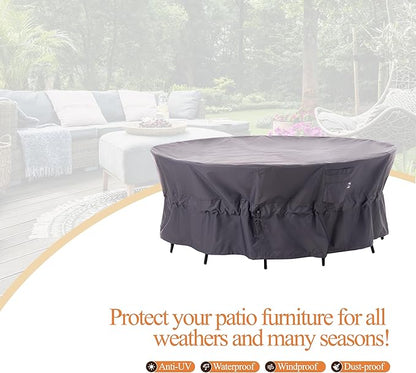 WJ-X3 Large Ripstop Patio Furniture Cover, 110" D x 31" H, Waterproof, UV Resistant, Anti-Fading Outdoor Cover for Round Dining Table and Chairs Set, Grey