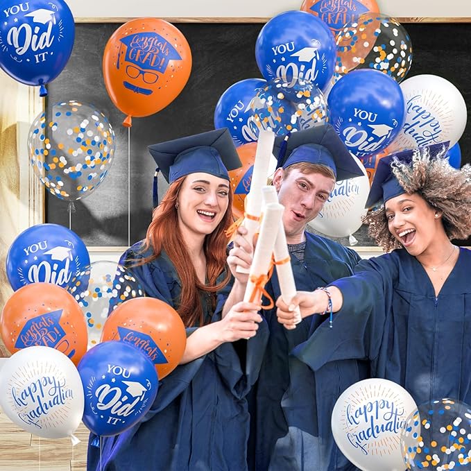 OuMuaMua 75Pcs Graduation Party Decorations Balloons Set - 12 Inch Congrats Grad Navy Blue Orange White Confetti Latex Balloons for Class of 2026 Graduation Birthday Party Decor Supplies