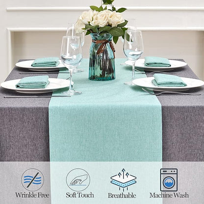 Mebakuk Linen Farmhouse Table Runner Large Burlap Style Soft and Waterproof Decorative Fabric Runner for Outdoor Wedding and Dinner (14 x 144 Inch, Turquoise Blue)