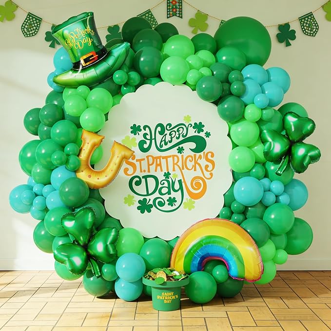 160Pcs St Patricks Day Green Balloons Arch Garland Kit with Lucky Shamrock Clover/Hat/Rainbow/Horseshoe Jumbo foil balloons for Saint Patrick's Day Irish Festival Party Decorations