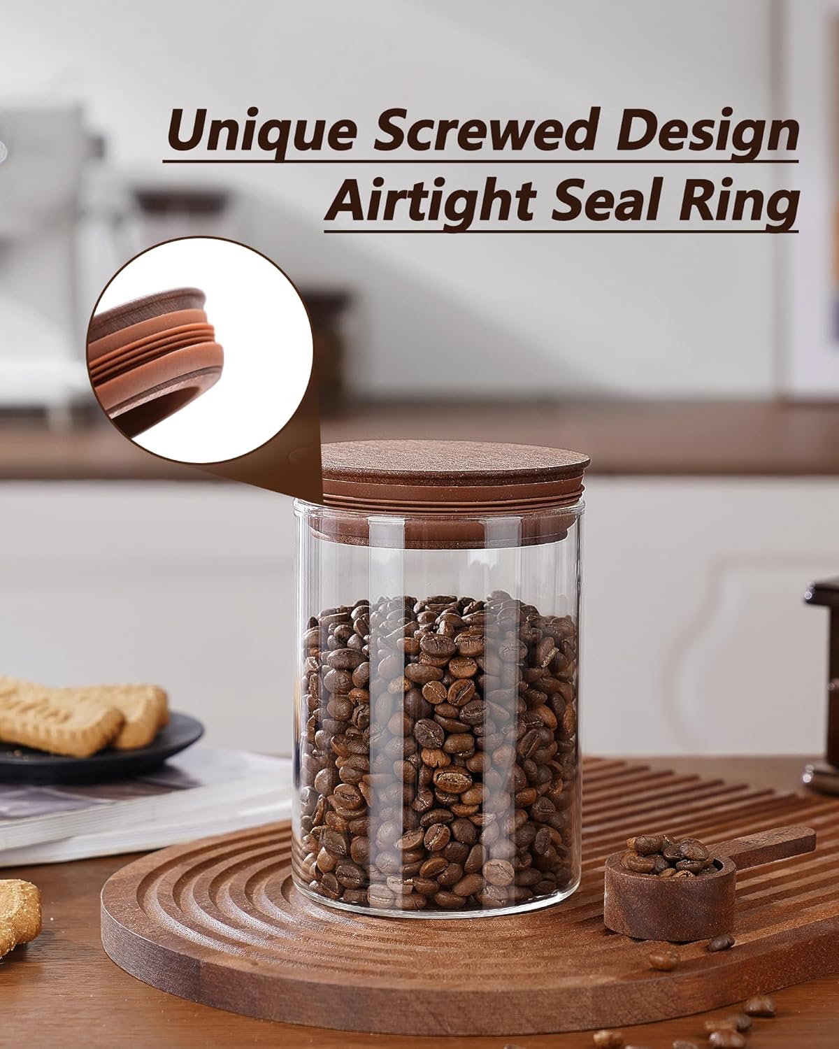 27oz Coffee Canister with Scoop and Wooden Lids, Airtight Coffee Grounds Container Set of 2 for Coffee Bar Organizer