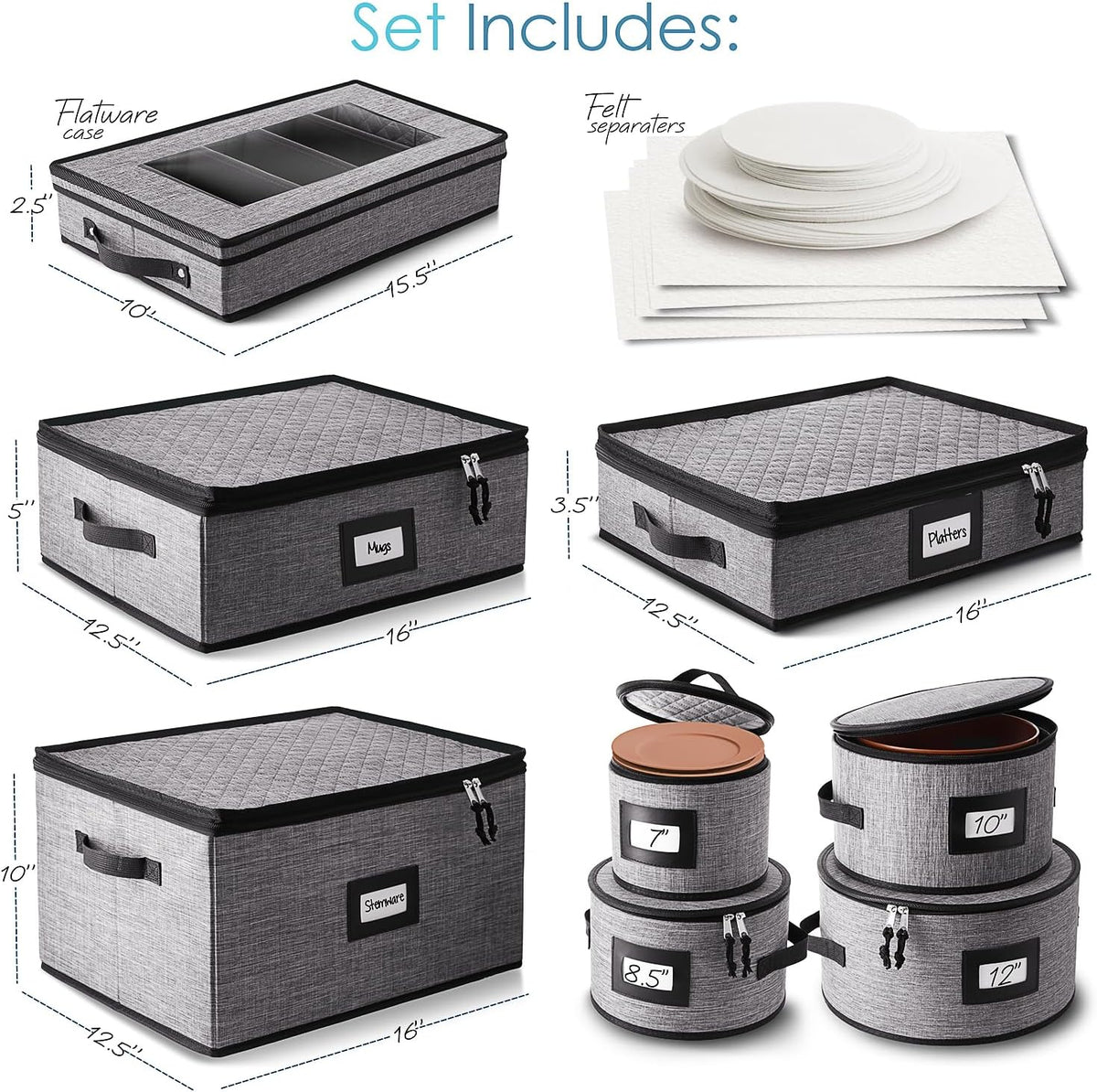 Fine China Storage Containers, 8 Piece Quilted Dish Storage Containers for Flatware & Utensil, Mug, Platter and Wine Glass with Felt Dividers, Durable Dinnerware Dish Organizers for Moving, Grey