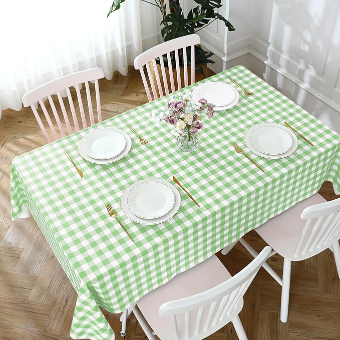 Romanstile Rectangle Vinyl Tablecloth, 100% Waterproof Buffalo Gingham Plastic Table Cloth, Heavy Duty Wipeable Checkered Table Covers for Outdoor, Camping, Picnic, Patio - 54 x 108, Light Green