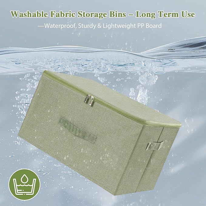 ANMINY 2PCS Storage Bins with Zipper Lids 36 Qt Lidded Fabric Storage Boxes Baskets Cubes with Handles Collapsible Washable Cotton Linen Closet Shelf Clothes Organizer Containers - Green, Large