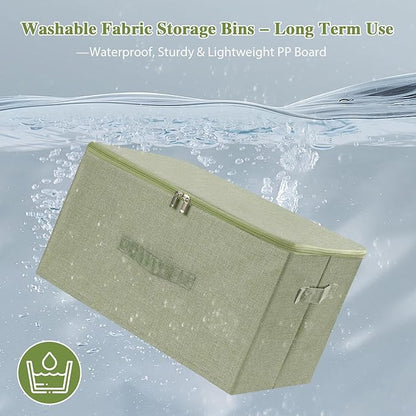 ANMINY 2PCS Storage Bins with Zipper Lids 36 Qt Lidded Fabric Storage Boxes Baskets Cubes with Handles Collapsible Washable Cotton Linen Closet Shelf Clothes Organizer Containers - Green, Large