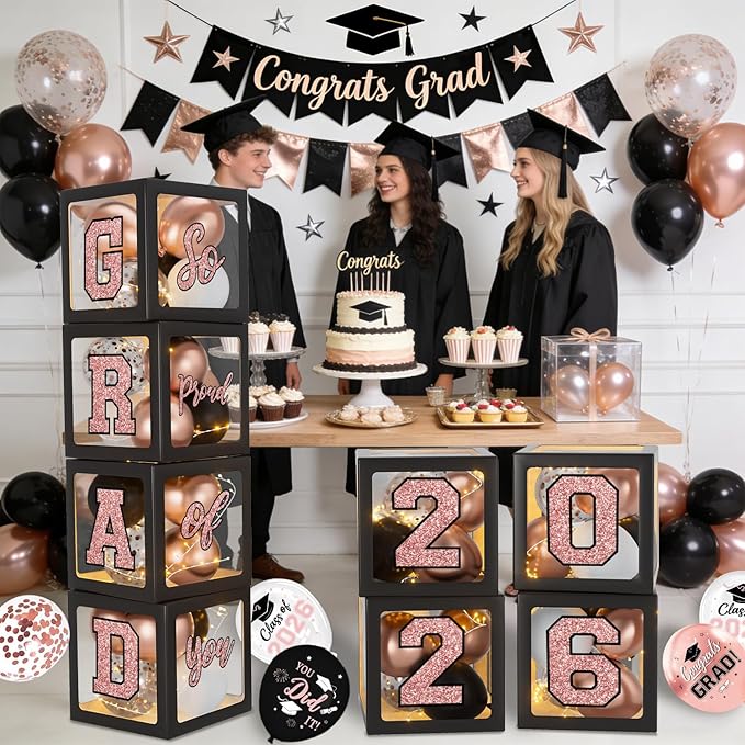 Rose Gold Graduation Decorations 2026, Pink Graduation Decorations Set of 4 Balloons Boxes with Letters 2026 GRAD So Proud of You, Congrats Grad Decorations for High School & College