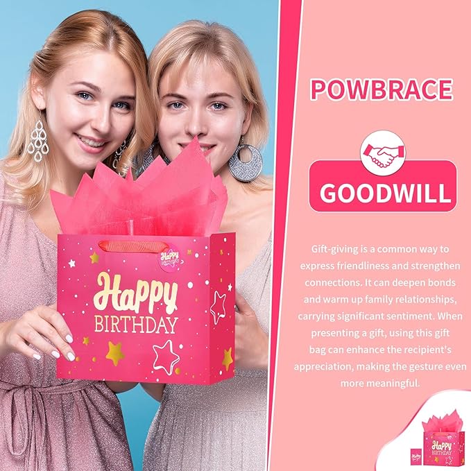Powbrace 13" Pink Happy Birthday Gift Bag with Tissue Paper and Greeting Card for Party,Happy Birthday Gift Bag for Men Women,Gift Bags Medium size(10 PCS Pink Hot Stamping)