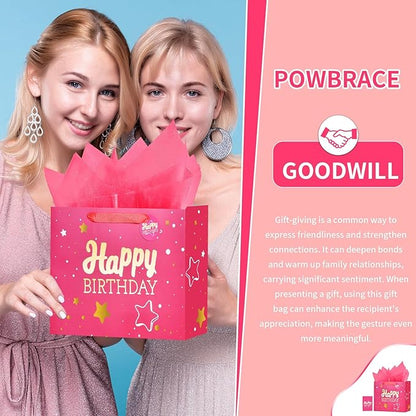 Powbrace 13" Pink Happy Birthday Gift Bag with Tissue Paper and Greeting Card for Party,Happy Birthday Gift Bag for Men Women,Gift Bags Medium size(10 PCS Pink Hot Stamping)
