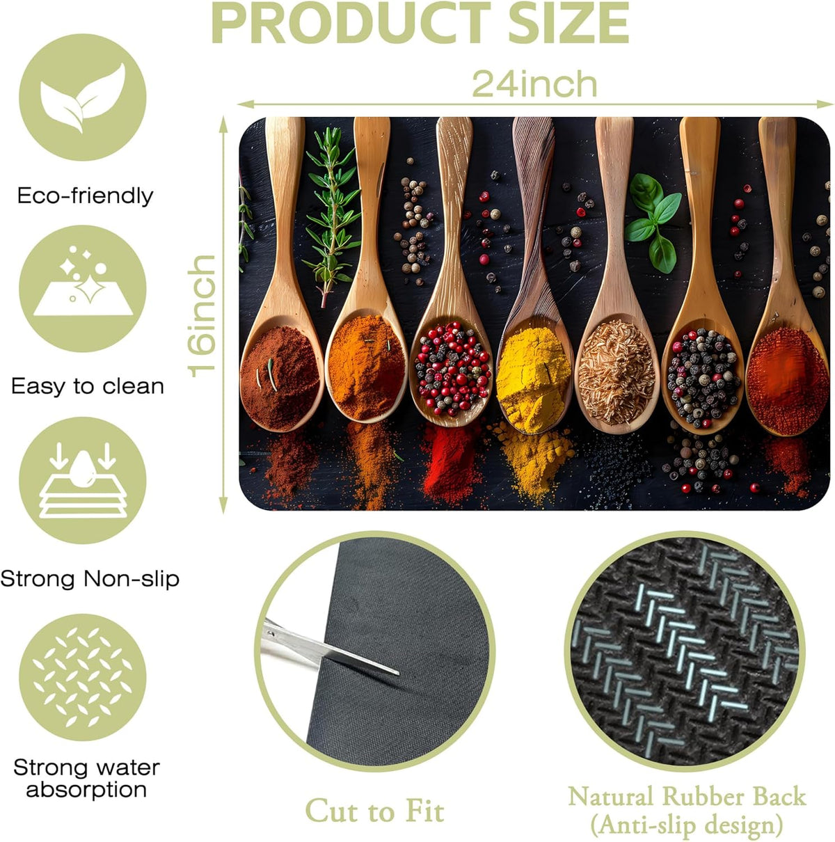 Dish Drying Mat Colorful Spices Herbs Kitchen Mat 16"x24" Bsorbent Coffee Maker Mat for Dishes,Utensils Coffee Maker Pots and Pans Easy Clean Dish Slip Resistant Pad