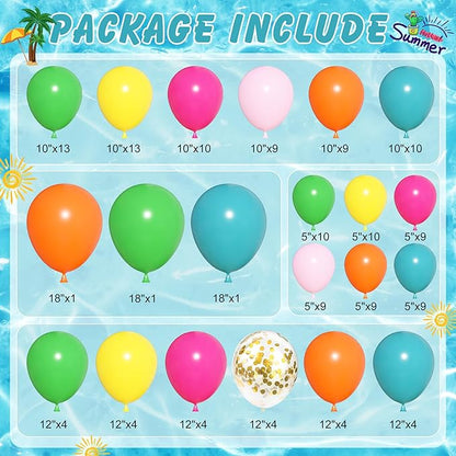 Amandir 165Pcs Summer Aloha Tropical Balloon Arch Garland Kit, Hot Pink Green Orange Blue Yellow Foil Coconut Sun Palm Leaves Neon Rainbow Balloons for Hawaiian Luau Pool Birthday Party Decorations