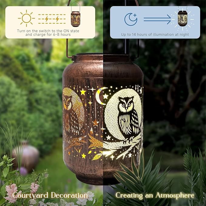 Solar Lanterns Outdoor Waterproof - Retro Metal Hanging Solar Lights with Owl Hollow-Out Pattern, Decorative Garden Decor for Outside Patio Yard Porch, Unique Owl Lovers Gifts for Women Mom Grandma