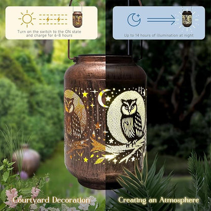 Solar Lanterns Outdoor Waterproof - Retro Metal Hanging Solar Lights with Owl Hollow-Out Pattern, Decorative Garden Decor for Outside Patio Yard Porch, Unique Owl Lovers Gifts for Women Mom Grandma