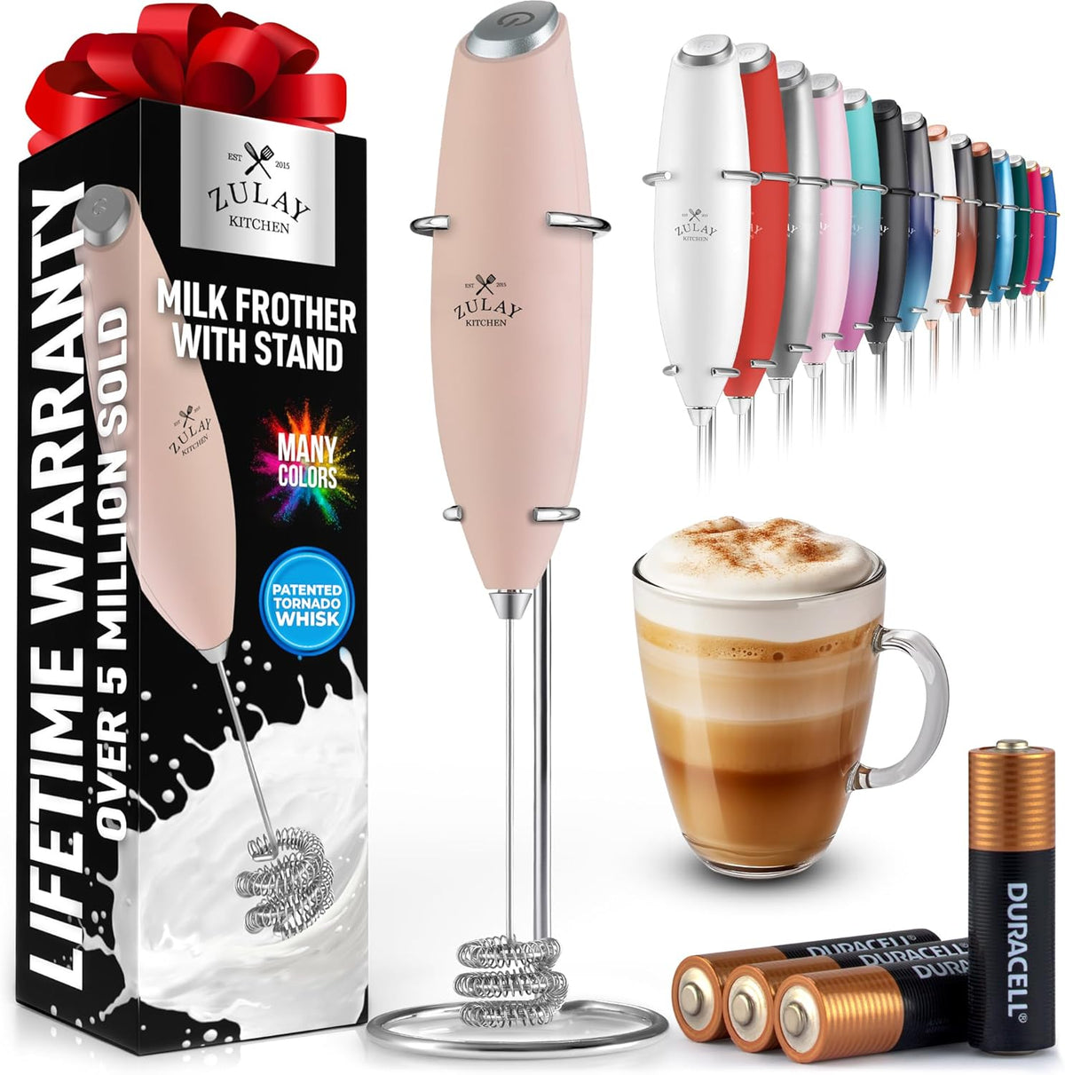 Zulay Kitchen Tornado Whisk Milk Frother with 4 AA Duracell Batteries - Triple Whisk for More Power - Handheld Coffee Frother with Stand