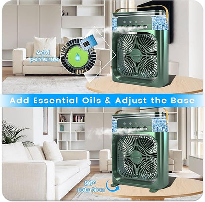 Portable Air Conditioner Fan, Mini Evaporative Air Cooler with 5 Spray Nozzles,3 Wind Speeds,3 Timers, 7 Colors LED Light,600ML Personal AC Unit Fan for Bedroom Office Camping（Green)