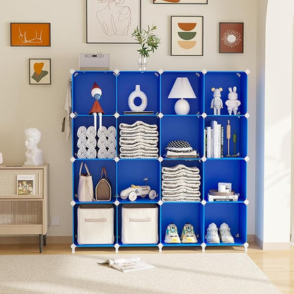 AWTATOS Cube Storage Organizer, 16 Cube Closet Organizers and Storage Shelves, DIY Stackable Bookshelf for Bedroom, Home, Admiral Blue