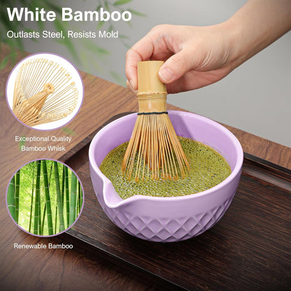 Matcha Whisk Set, 7 Pcs Matcha Kit, Ceramic Matcha Set Includes Matcha Bowl with Spout, Matcha Whisk and Holder, Bamboo Scoop, Scoop Rest, Sifter and Tea Towel (Royal Purple)
