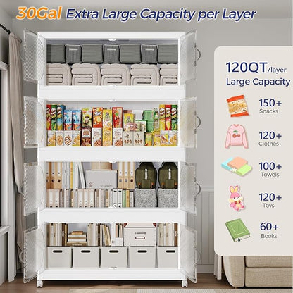 90Gal/360QT 3-Tiers Extra Large Stackable Storage Bins with Lid, Collapsible Cabinet Closet Organizer Plastic Container Box with Wheels Doors Drawers for Living Room Kitchen Office, White