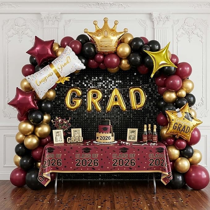 Elegant Burgundy Black Gold Graduation Balloon Garland Kit with foil graduation caps diplomas GRAD letters wine red stars and crowns Balloons for Maroon Class of 2026 Graduates Party Decorations