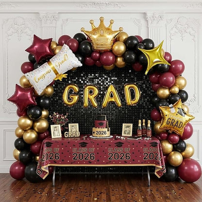 Elegant Burgundy Black Gold Graduation Balloon Garland Kit with foil graduation caps diplomas GRAD letters wine red stars and crowns Balloons for Maroon Class of 2026 Graduates Party Decorations