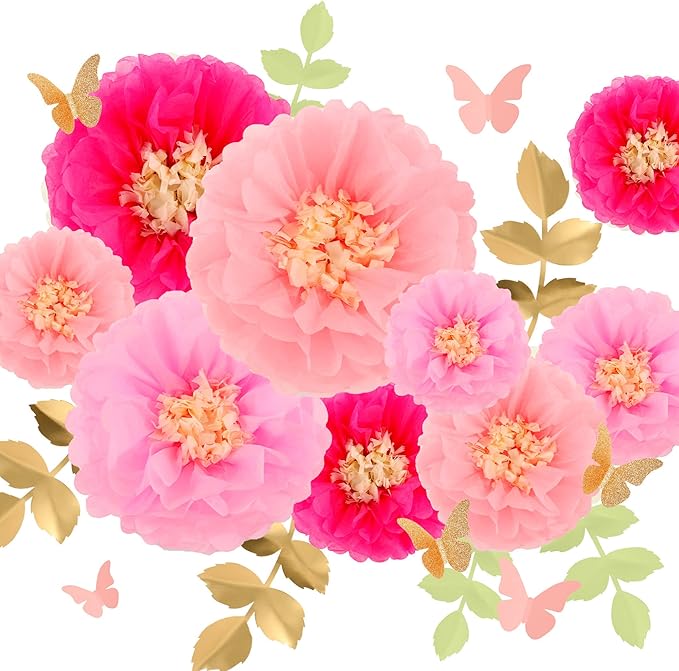Fonder Mols Tissue Paper Chrysanth Flowers with Butterfly and Olive Leaves for Wedding Baby Shower Nursery Room Parties & Events Decorations Pom Poms (Pink)