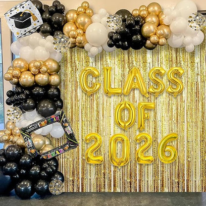 Janiuns Black and Gold Graduation Balloon Garland Arch Kit with Class of 2026 Foil Balloon & 78 Inch Foil Fringe Curtains Backdrop - 2026 Graduation Decorations with Black Gold White Grad Cap Balloons