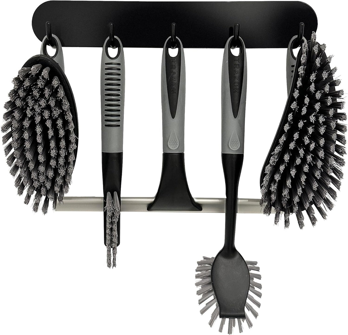 Scrub Brush Set of 6 pcs - Cleaning Shower Scrubbers with Squeegee for Shower Glass and Adhesive Wall Hooks Including Grout Cleaner Brush