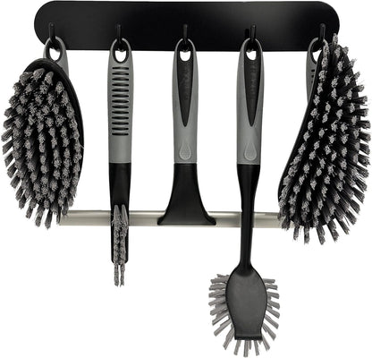Scrub Brush Set of 6 pcs - Cleaning Shower Scrubbers with Squeegee for Shower Glass and Adhesive Wall Hooks Including Grout Cleaner Brush