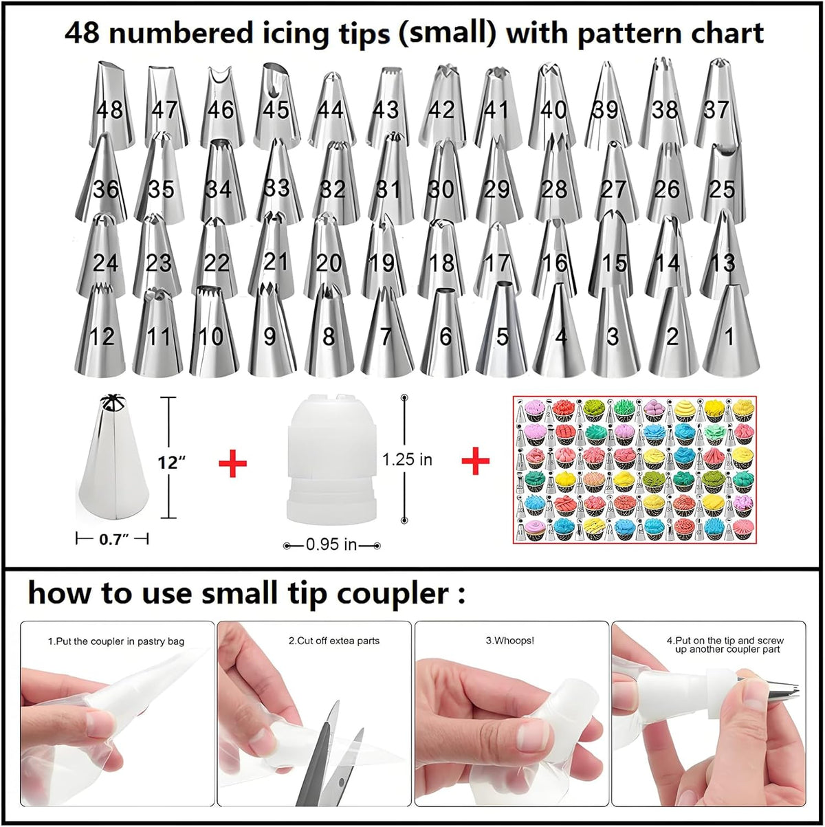 130 Pcs Piping Bags and Tips Set with 48 Numbered Icing Tips,7 Russian Tips,1 Ball Tip,2 Leaf Tips,Pattern Chart,8 Carved Pens,4 Couplers,6 Ties