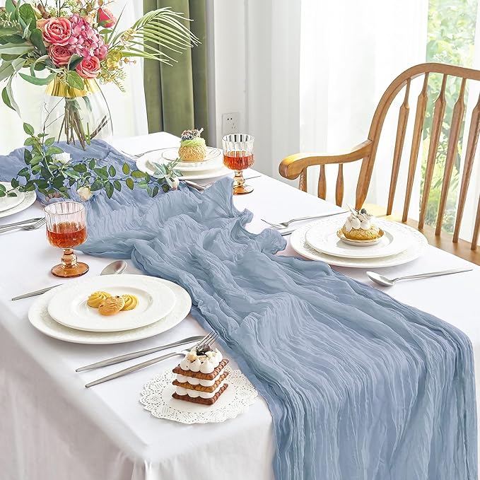 IVAPUPU 2 Pcs Cheesecloth Table Runner - 10ft Dusty Blue Spring Boho Gauze Cheese Cloth Table Runners for Baby Shower Decorations Wedding Party Garden Farmhouse