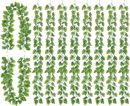 8Pcs Artificial Tropical Leaves Garland, 5.9FT Fake Monstera Leaves Vines Hanging Plant Ivy Faux Palm Leaf Greenery Garland for Garden Porch Patio Jungle Beach Birthday Party Indoor Outdoor