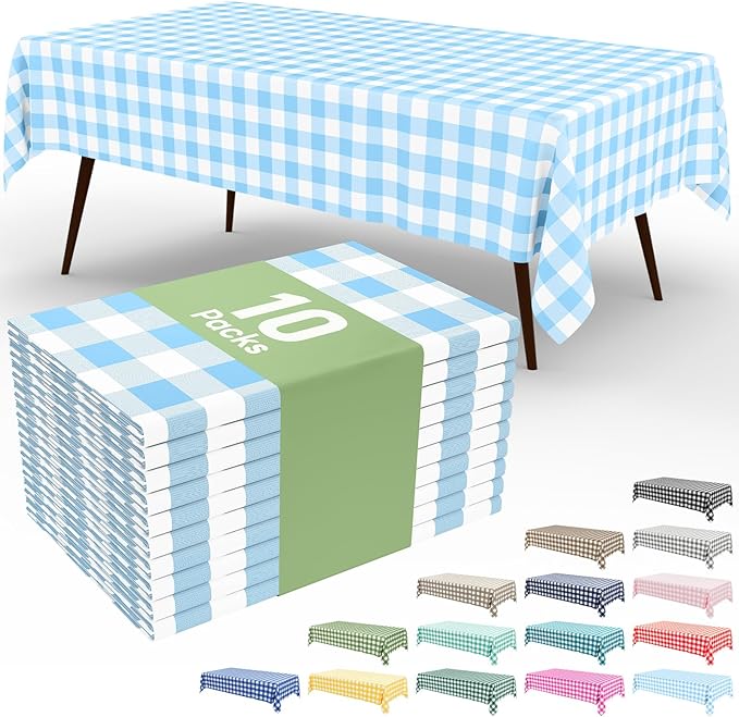 Smiry 10 Pack Baby Bule Gingham Disposable Tablecloths - 54" x 108" Heavy Duty Plastic Table Cloth, Waterproof Buffalo Plaid Table Covers for Picnic, Banquets, Parties