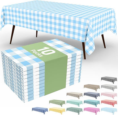 Smiry 10 Pack Baby Bule Gingham Disposable Tablecloths - 54" x 108" Heavy Duty Plastic Table Cloth, Waterproof Buffalo Plaid Table Covers for Picnic, Banquets, Parties