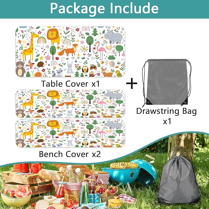 Picnic Table Cover with Bench Covers, Camping Essentials, Jungle Animal Cute Waterproof Windproof Camping Tablecloth, Fitted Tablecloth Cover with Elastic Edge for Indoor Outdoor 30x96 Inch