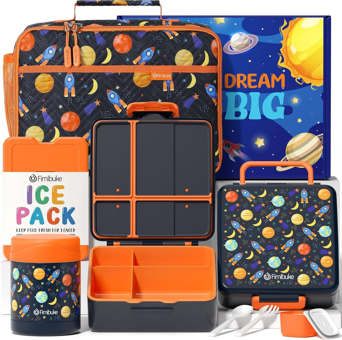 Fimibuke Kids Bento Snack Lunch Box with 4 Compartment, Insulated lunch Bag, Stainless Steel Vacuum Thermos Food Jar, Ice Pack, Utensils Set, Birthday Gift for Age 3-12 Back to School Toddler Girl Boy