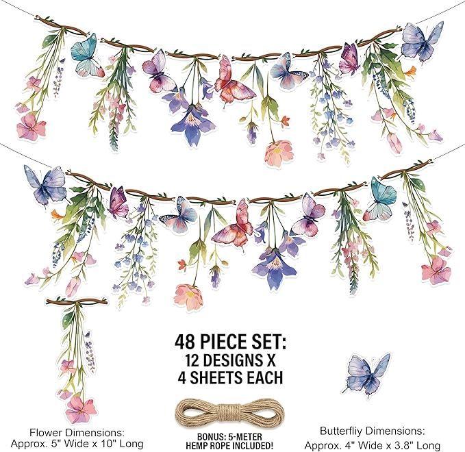 48Pcs Flower Fairy Banner Decorations Floral Designs Wildflower Garland – with 5m Jute Rope, for Baby Shower, Wedding, Easter Backdrop, Enchanted Garden Party Supplies (Butterfly)
