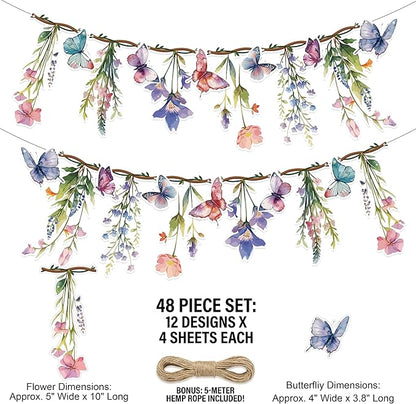 48Pcs Flower Fairy Banner Decorations Floral Designs Wildflower Garland – with 5m Jute Rope, for Baby Shower, Wedding, Easter Backdrop, Enchanted Garden Party Supplies (Butterfly)
