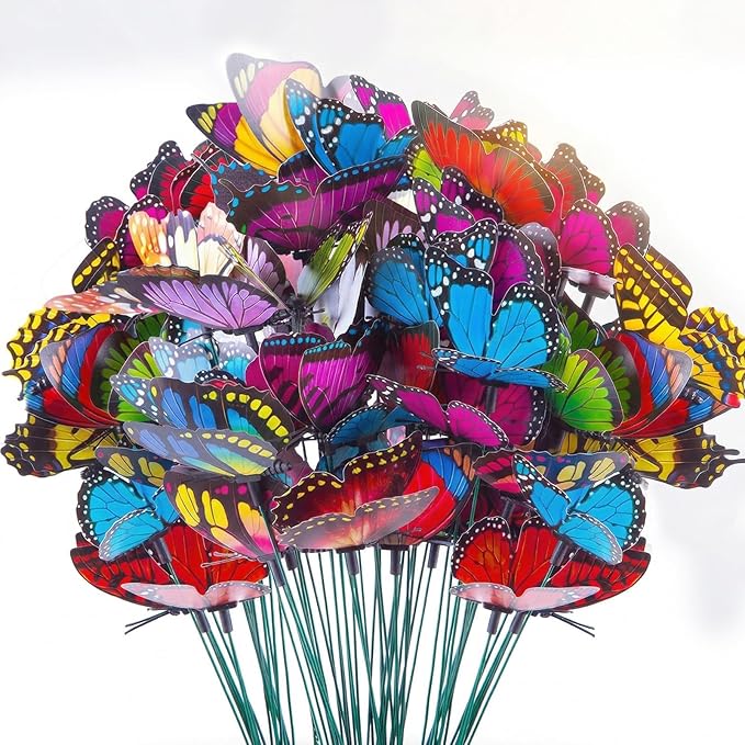 VGOODALL 50pcs Butterfly Garden Decorations, 11.5 inch Plastic Butterfly Stakes Ornaments Artificial Butterflies for Flower Bouquet Arrangements Crafts Outdoor Wall Patio Plant Yard Decor