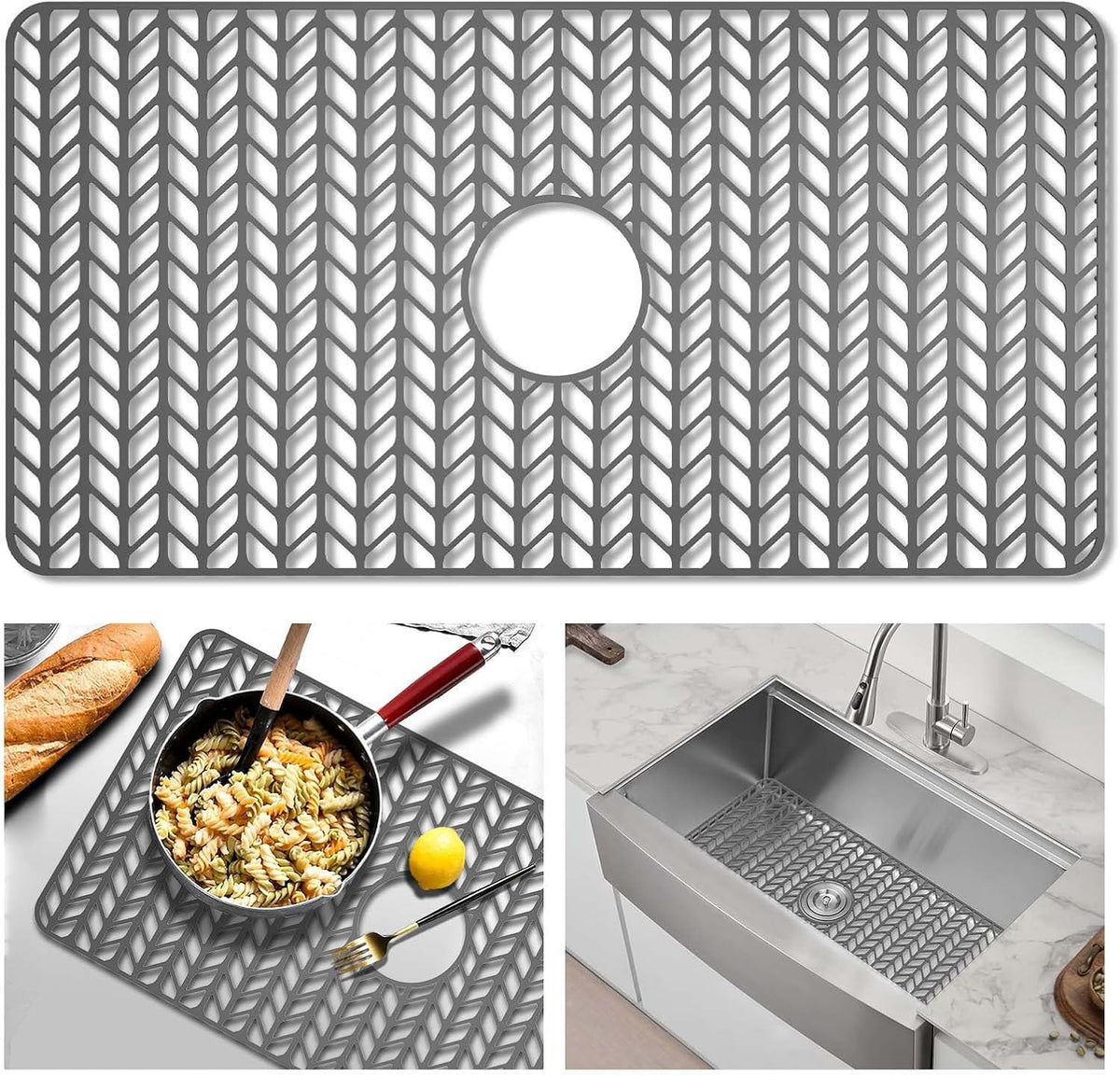 GUUKIN Sink Protectors for Kitchen Mat - 30"x 16" Silicone Kitchen Sink Mat Grid for Bottom of Farmhouse Stainless Steel Porcelain with Center Drain（Grey）