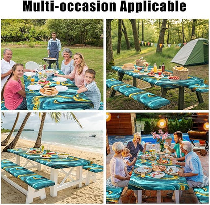 Smiry Picnic Table Cover with Bench Covers, Waterproof Elastic Fitted Tablecloth for 5 Foot Tables, Washable Polyester Tablecloths for Camping, Indoor & Outdoor (Teal & Gold, 30x60 Inch 3-pc Set)