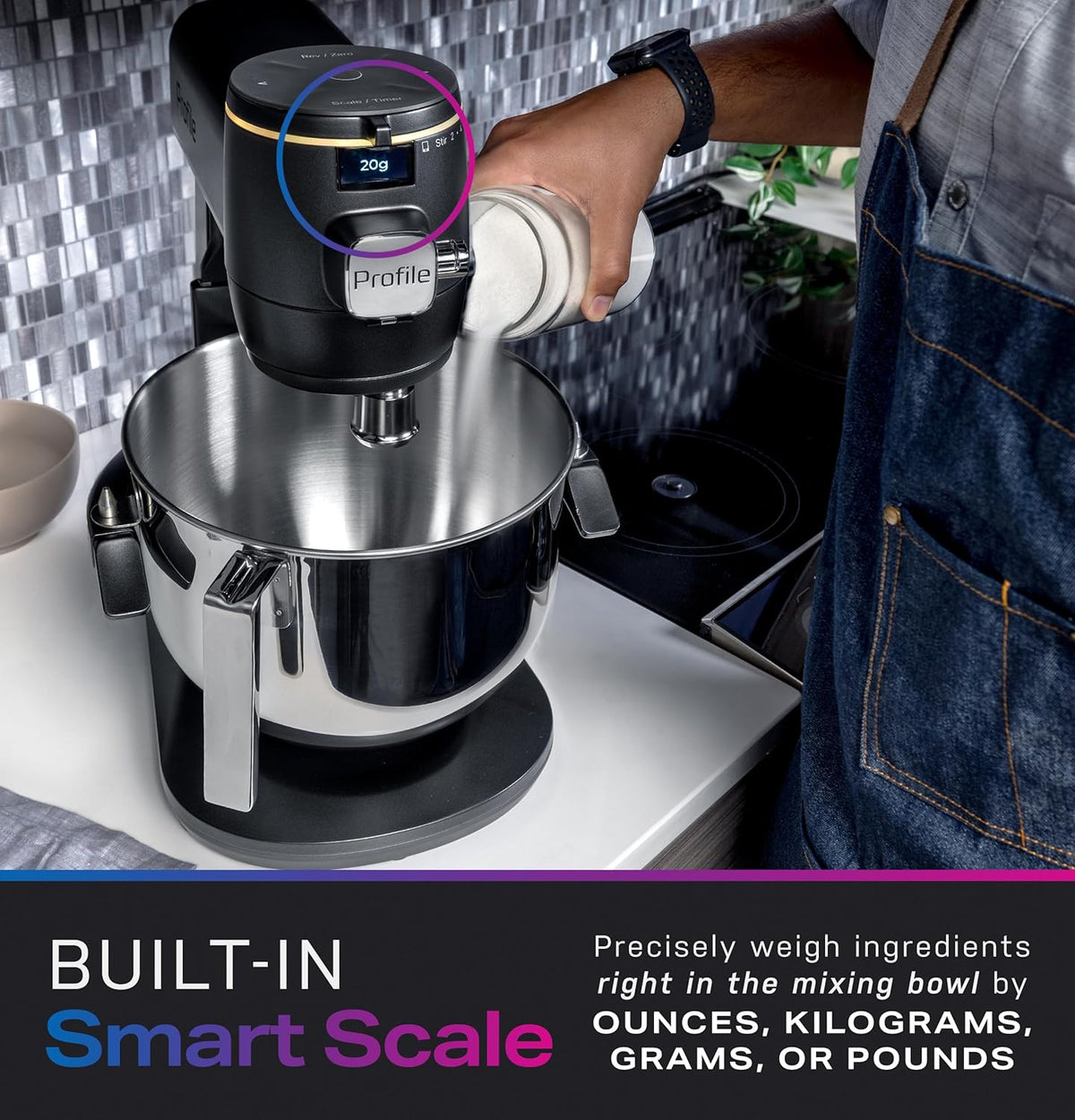 GE Profile Smart Stand Mixer w/Built-In Smart Scale & Auto Sense Technology, 7qt Stainless Steel Bowl, 11 Speed l Dough Hook, Beater