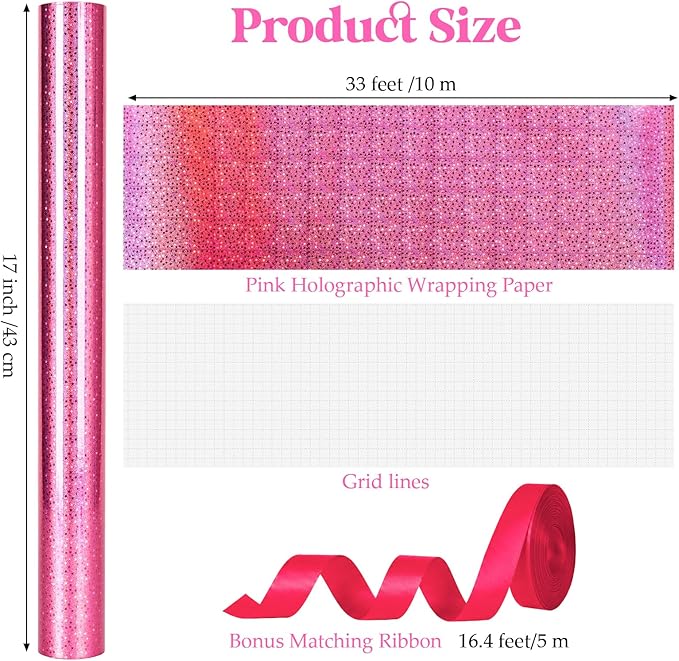 Bafeil Pink Wrapping Paper Roll, Holographic Wrapping Paper Birthday Girl, 80gsm Iridescent Star Gift Wrap Papers for Birthday, Wedding, Baby Shower, Mothers Day, Graduation 17 IN x 32.8 FT