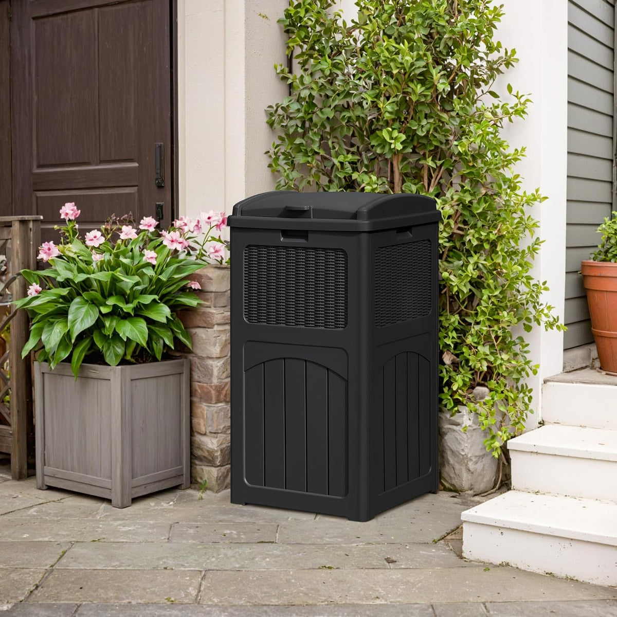 YESHOMY 33 Gallon Resin Outdoor Trash Can with Lid, Hideaway Waterproof Patio Garbage Bin, Black