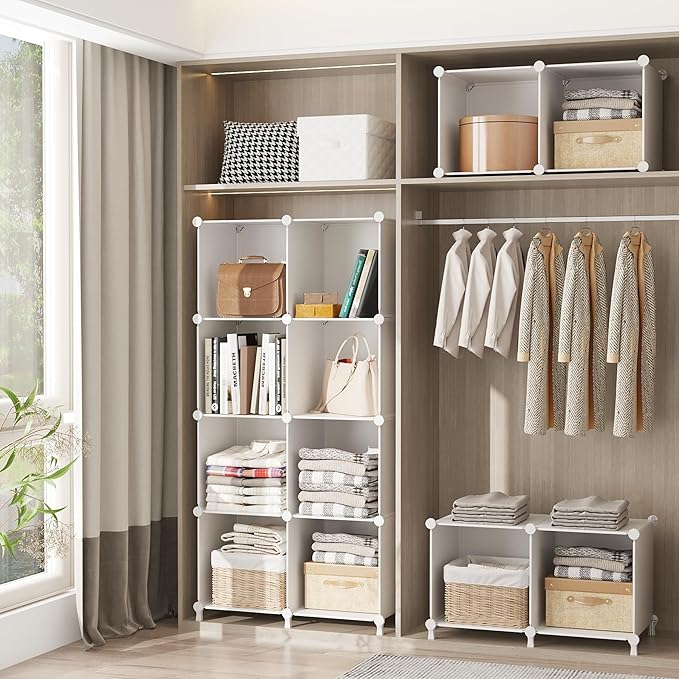 AWTATOS Cube Storage Organizer, 16 Cube Closet Organizer, Stackable Storage Cube Shelves, DIY Portable Closet Clothes Organizer Shelving for Bedroom, Closet, Wardrobe, Bathroom, White