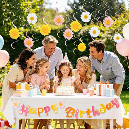 SUNBEAUTY Daisy Groovy Party Decoration Boho Happy Birthday Banner Daisy Paper Hanging Swirls Flower Birthday for Women Birthday Classroom Office Boho Hippie Retro Birthday Baby Shower Party Supplies