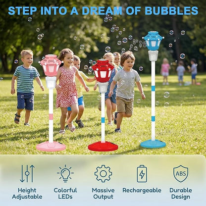 Bubble Machine Maker with Light and Music, Automatic Bubble Blower Summer Bubbles Toys, Rechargeable Automatic Bubble Machine Adjustable Height Outdoor Toy